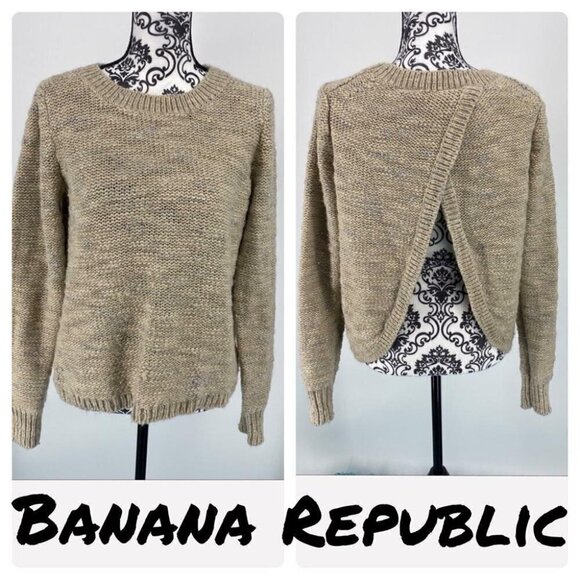 BananaRepublic metallic tulip italian wool sweater open back metallic tan sz M - Picture 3 of 10